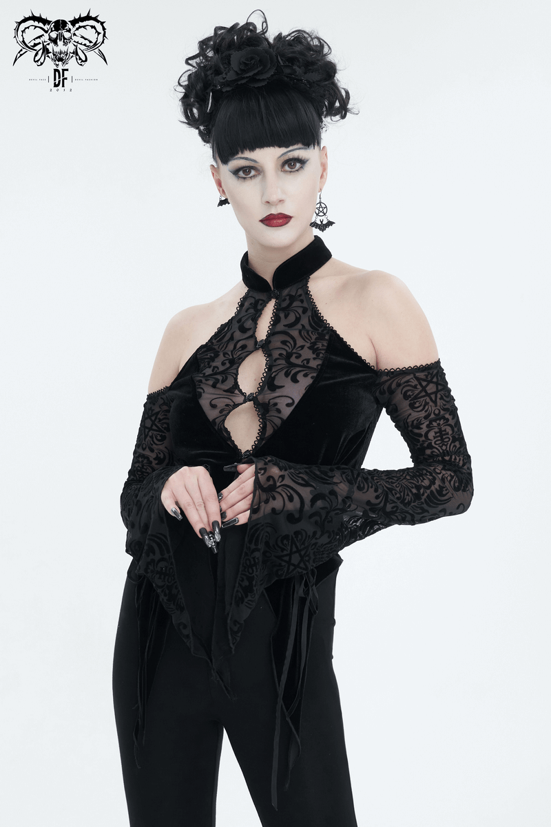 Black sexy vintage velvet top for women with open shoulders and long lace sleeves, showcasing classic allure.