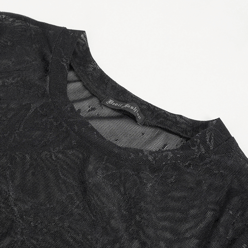 Close-up of a black mesh top with a round neckline and a stylish label, perfect for edgy and trendy outfits.