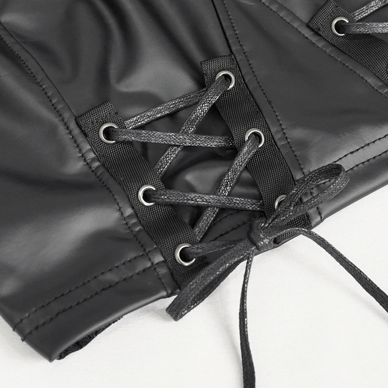 Close-up of black PU leather crop top with lace-up detailing, showcasing trendy punk style for women.