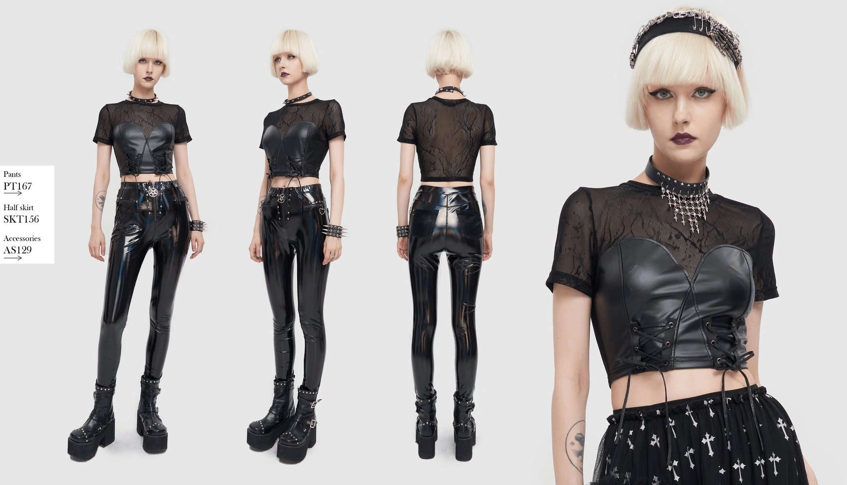 Stylish black PU leather bustier crop top for women featuring lace-up design and punk vibes, paired with high-waisted shiny pants.