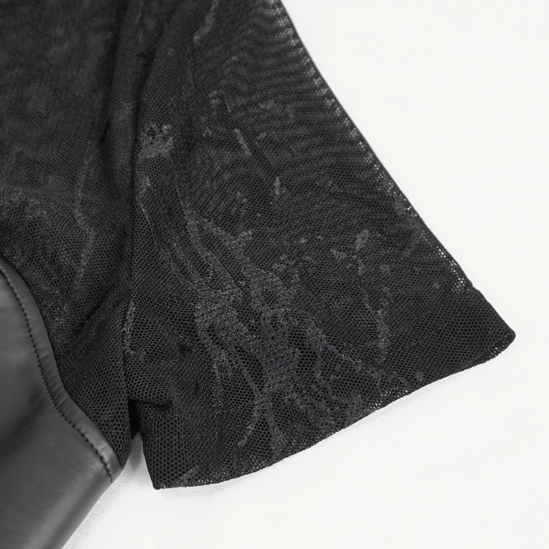 Close-up of black PU leather crop top featuring stylish lace-up detail and punk short sleeves for women.