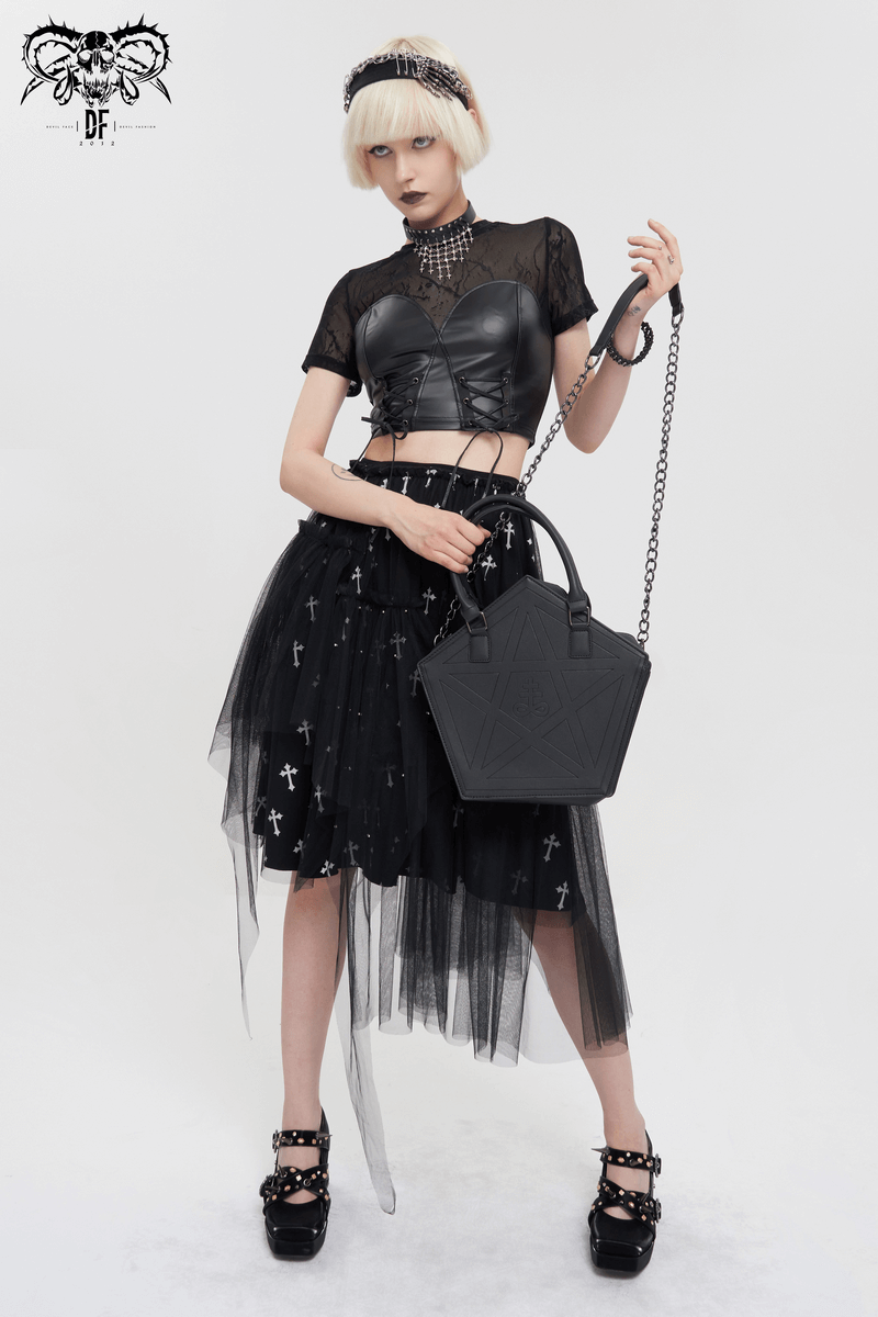 Model showcasing a stylish black PU leather bustier crop top paired with a tulle skirt, embodying punk fashion vibes.