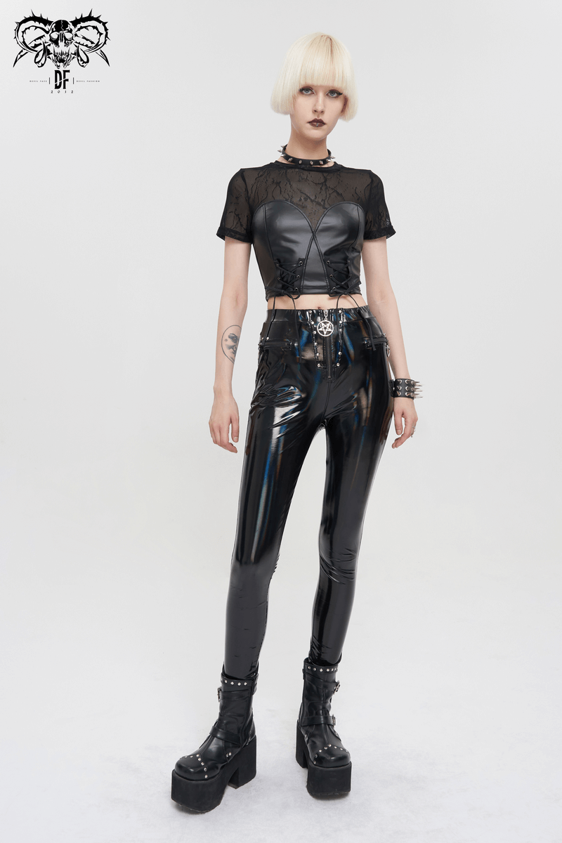 Trendy black PU leather bustier crop top paired with shiny high-waisted pants for a chic punk look.