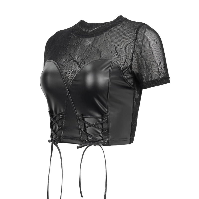 Black PU leather crop top for women with lace-up design and short sleeves, perfect for punk style outfits.