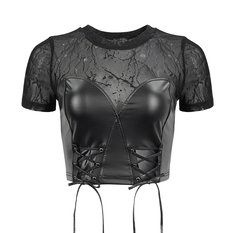 Stylish black PU leather bustier crop top for women, featuring lace-up details and punk-inspired short sleeves.