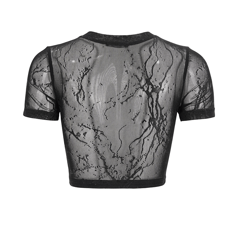 Black sheer crop top with abstract lace pattern and short sleeves, perfect for trendy punk outfits.