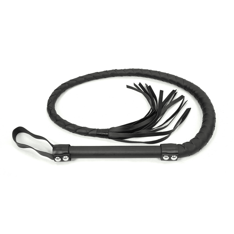 Black soft synthetic leather whip with tassels, perfect for alternative BDSM and intimate play.