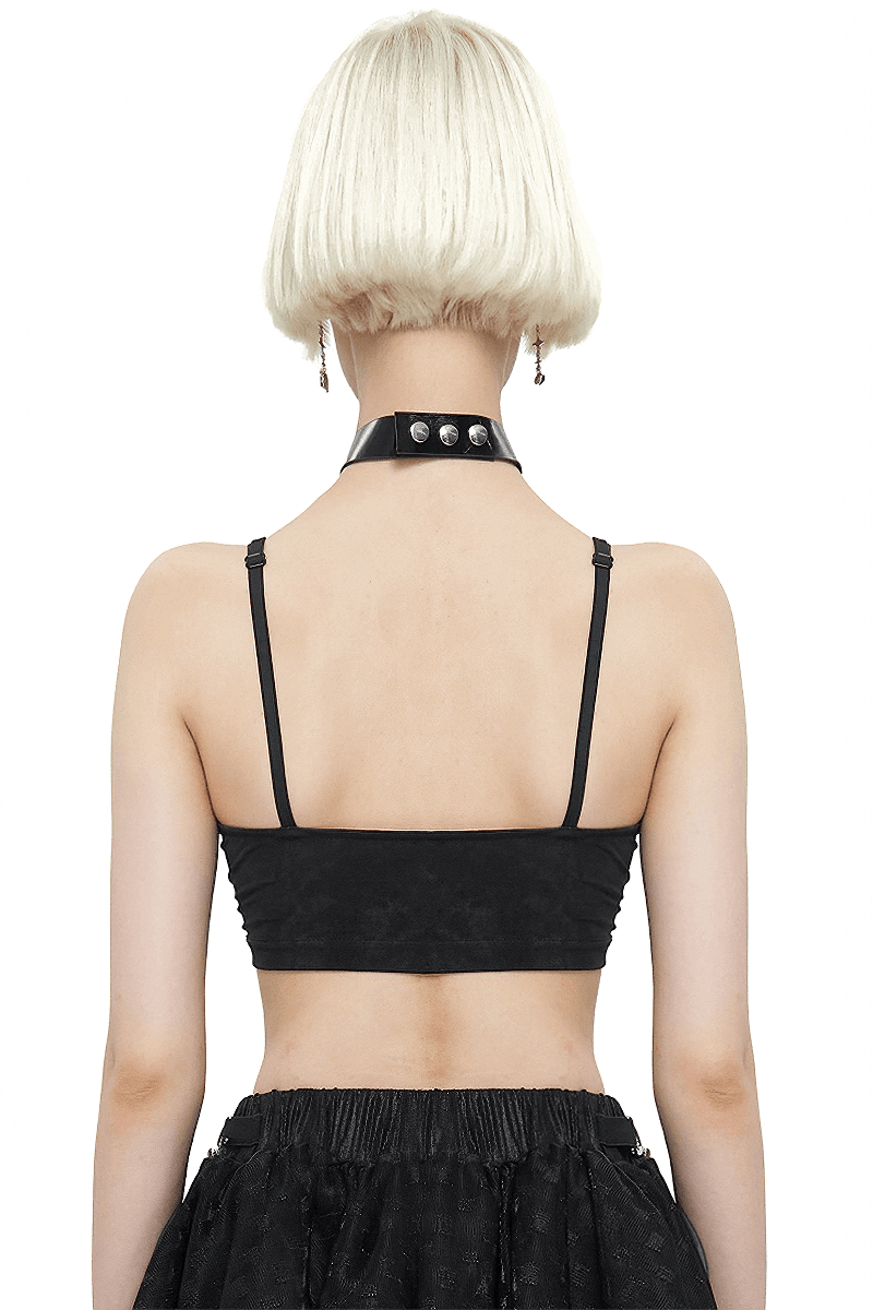 Back view of a women's black punk bra with faux leather neck strap, showcasing its stylish design and edgy aesthetic.