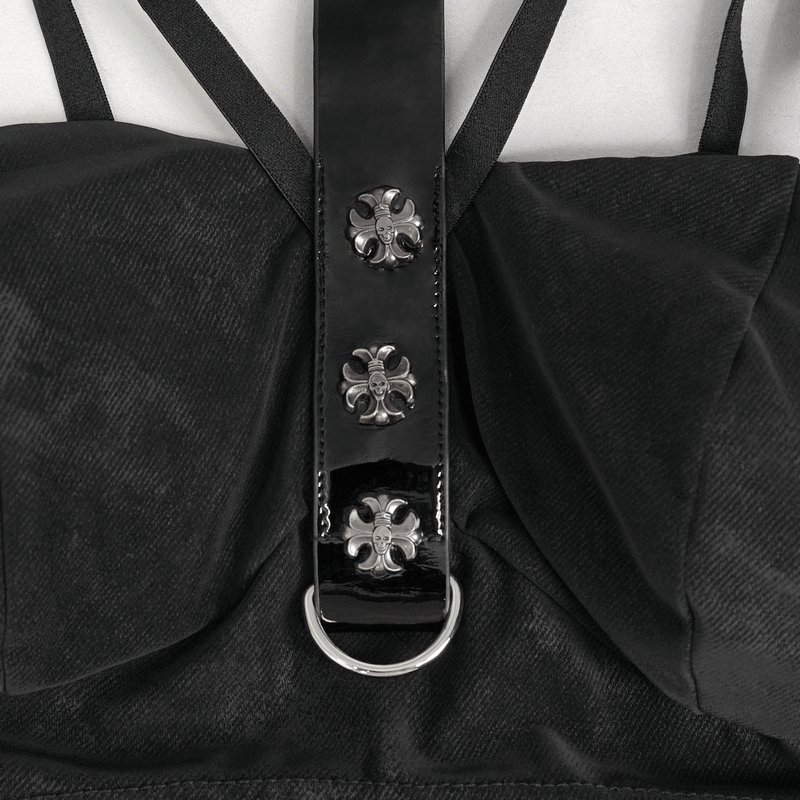 Close-up of a black women's bra featuring a faux leather neck strap with decorative studs, showcasing gothic punk style.