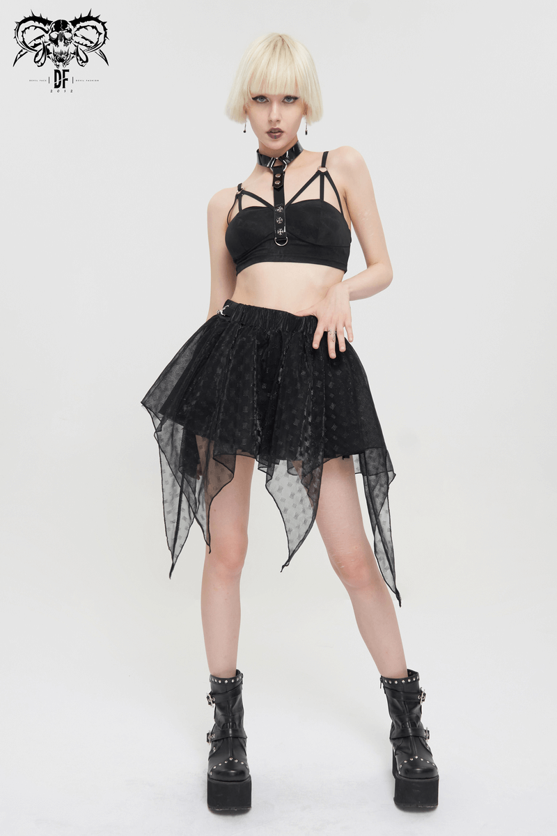 Stylish model in black punk bra with faux leather neck strap and edgy skirt, showcasing gothic fashion.