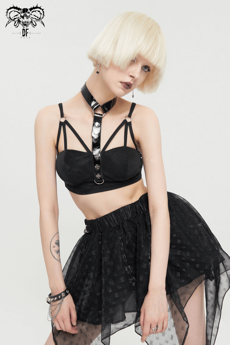 Gothic punk women's black bra with faux leather neck strap, styled with a sheer black skirt and edgy accessories.