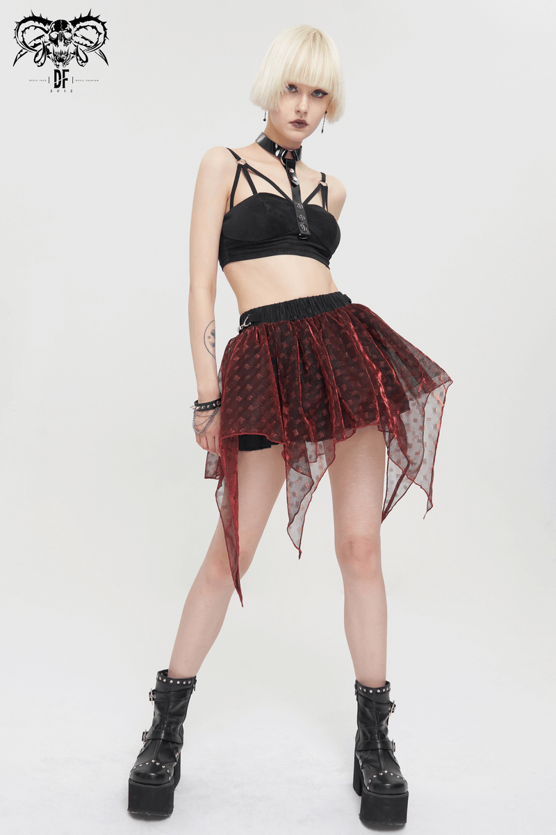 Gothic punk model wearing a black sexy bra with faux leather neck strap and a layered red skirt.