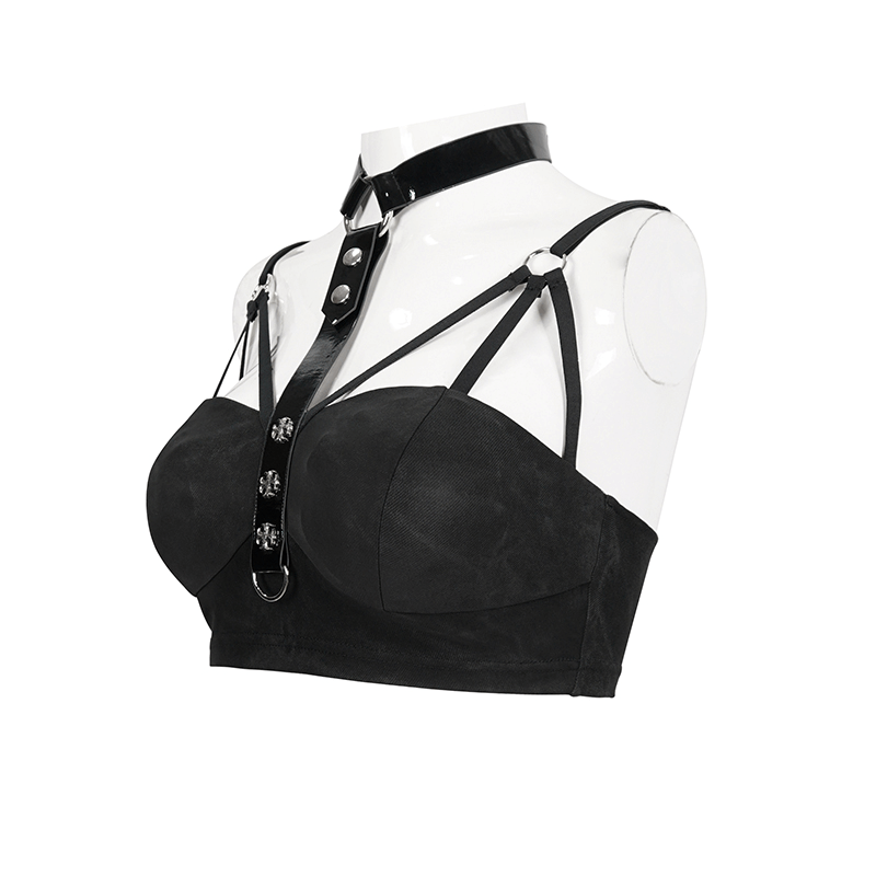 Stylish black women's bra featuring faux leather neck strap and gothic punk design, perfect for edgy fashion.