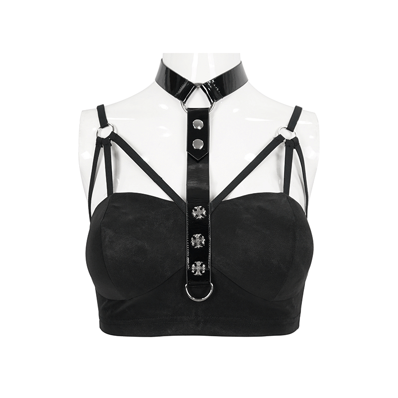 Stylish black women's bra featuring faux leather neck strap and edgy gothic punk design, perfect for a trendy wardrobe.