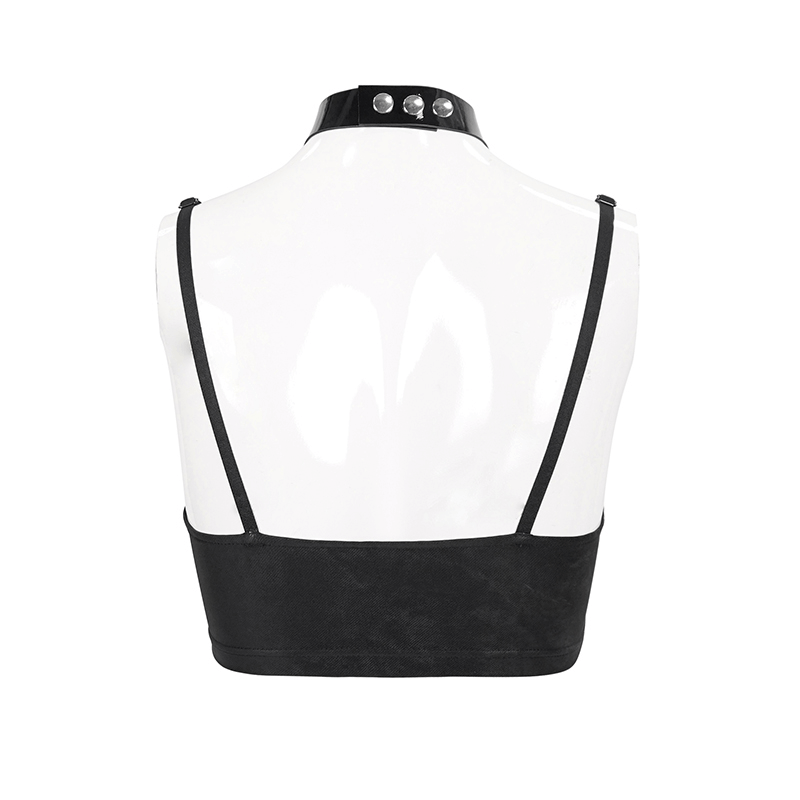 Back view of a black women's bra with faux leather neck strap, showcasing its gothic punk style and quality materials.