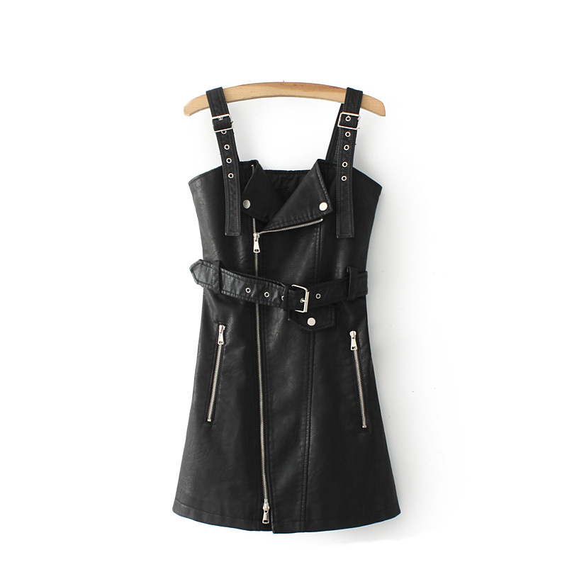 Black Short Bodycon Dress / Adjustable Suspender Buckle Belt Sundress / PU Leather Dress Women - HARD'N'HEAVY