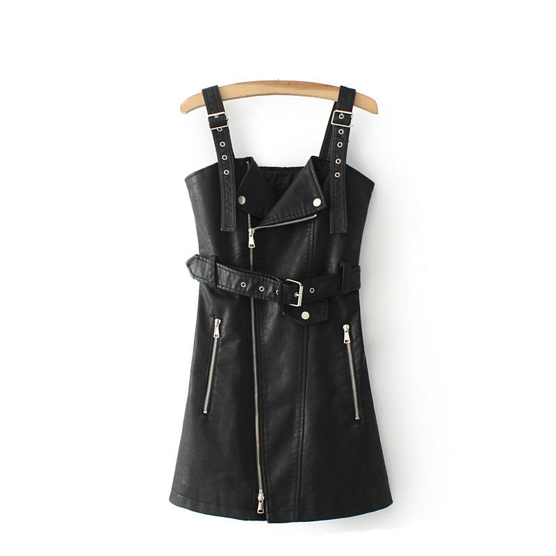 Women's black faux leather bodycon sundress with adjustable straps and buckle belt details.