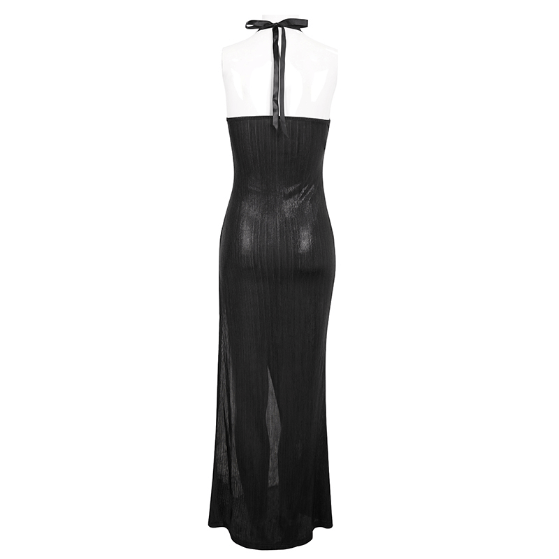 Back view of a black sleeveless long dress with chain detail, perfect for gothic style fashion.