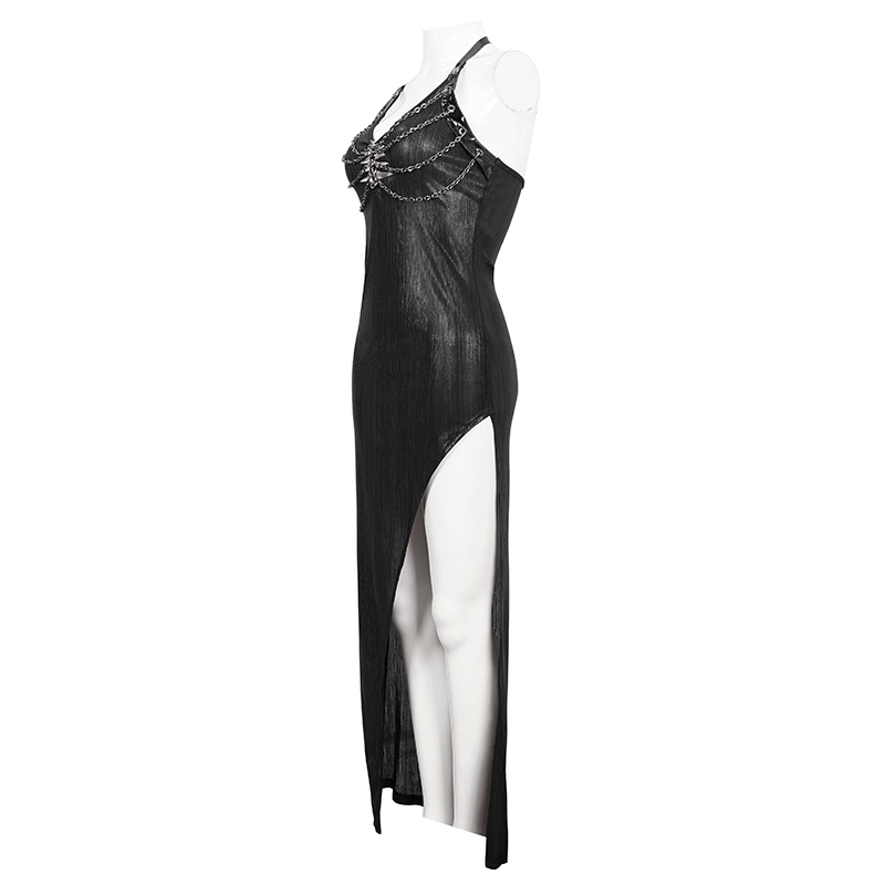 Women’s black sleeveless long dress with chain detail and high side slit, perfect for gothic style lovers.