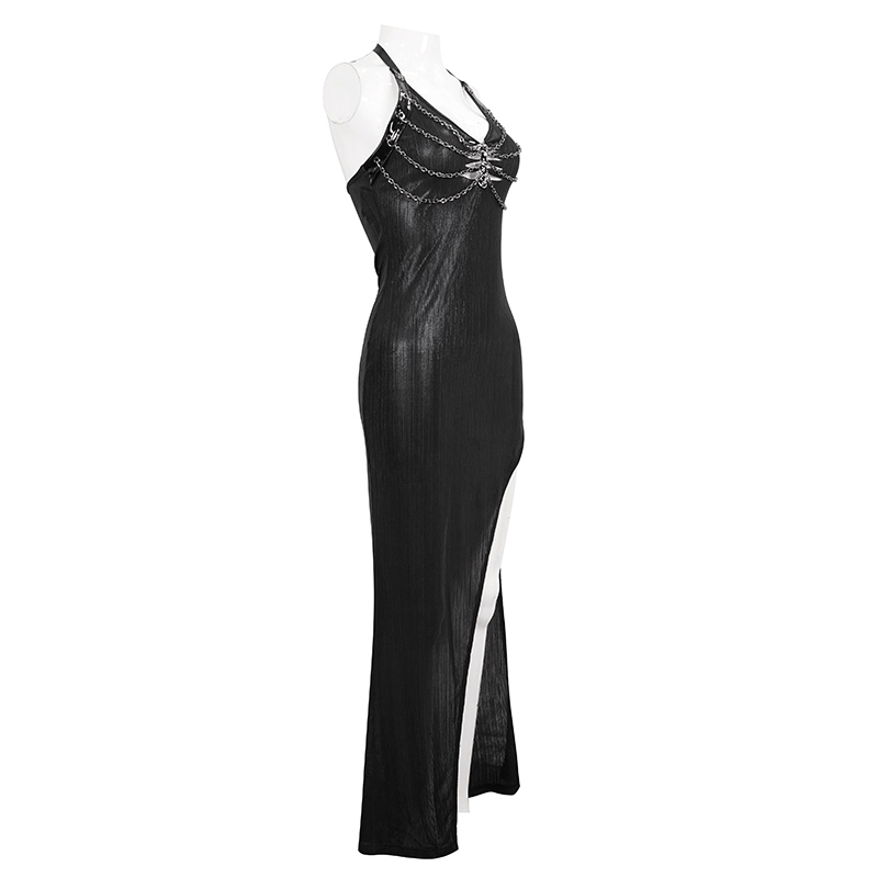 Black Sleevless High Slit On Side Long Dress / Gothic Women's Clothing with Chain
