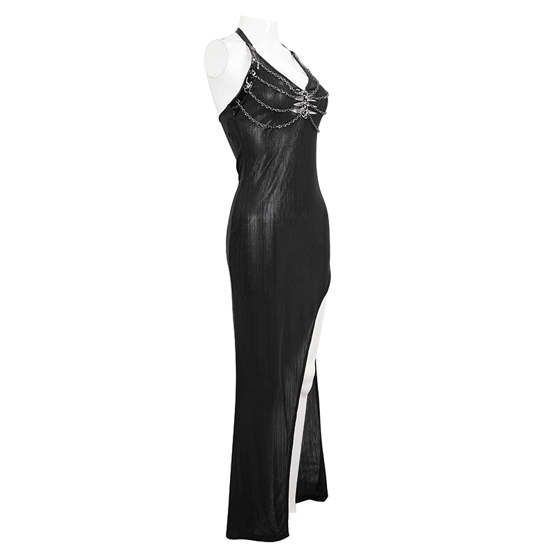 Black sleeveless long dress with a high side slit and chain, perfect for gothic style fashion.