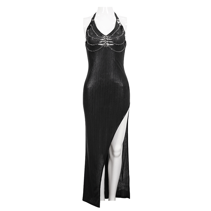 Black Sleevless High Slit On Side Long Dress / Gothic Women's Clothing with Chain