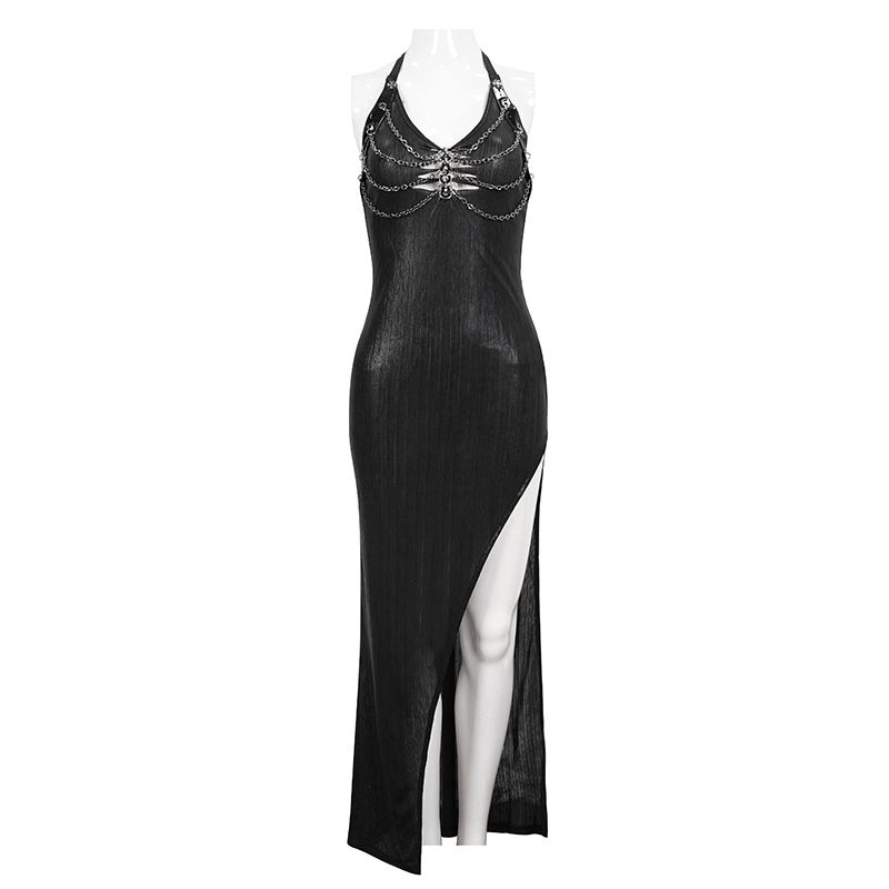 Black sleeveless long dress with side slit and chain detail, perfect for gothic fashion enthusiasts.