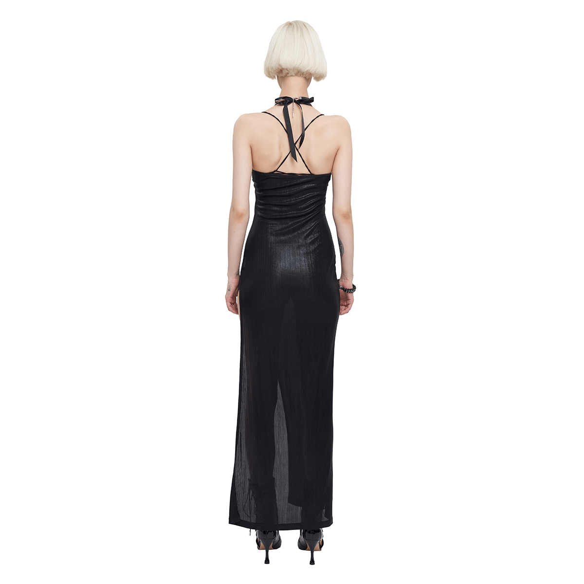 Back view of a women's black sleeveless long gothic dress with side slit and chain detail.