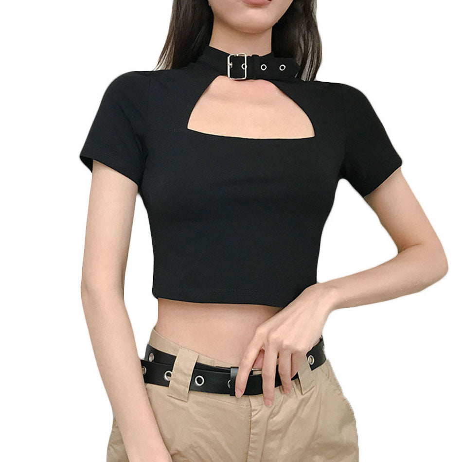 Black Slim Sexy Top / Women Front Cut Out Cropped Tee Shirt Choker Collar / Short Sleeve Gothic Top - HARD'N'HEAVY