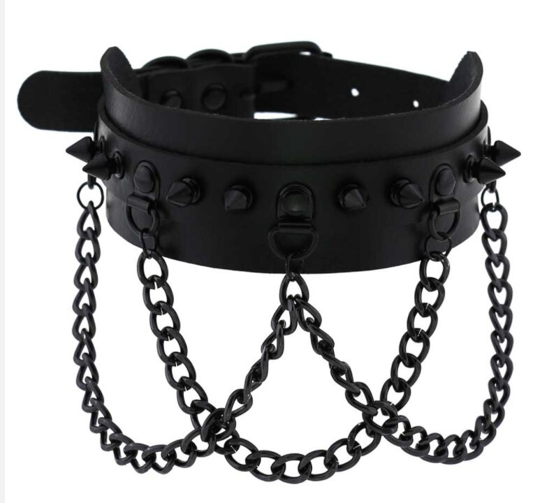 Black spike collar choker with chains, perfect for gothic style and rockstar fashion lovers.