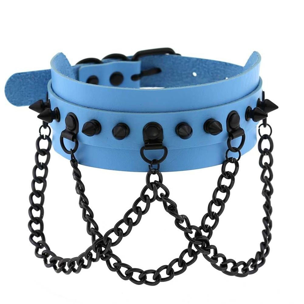 Blue vegan leather choker collar with spikes and chain accents, perfect for gothic and punk fashion lovers.