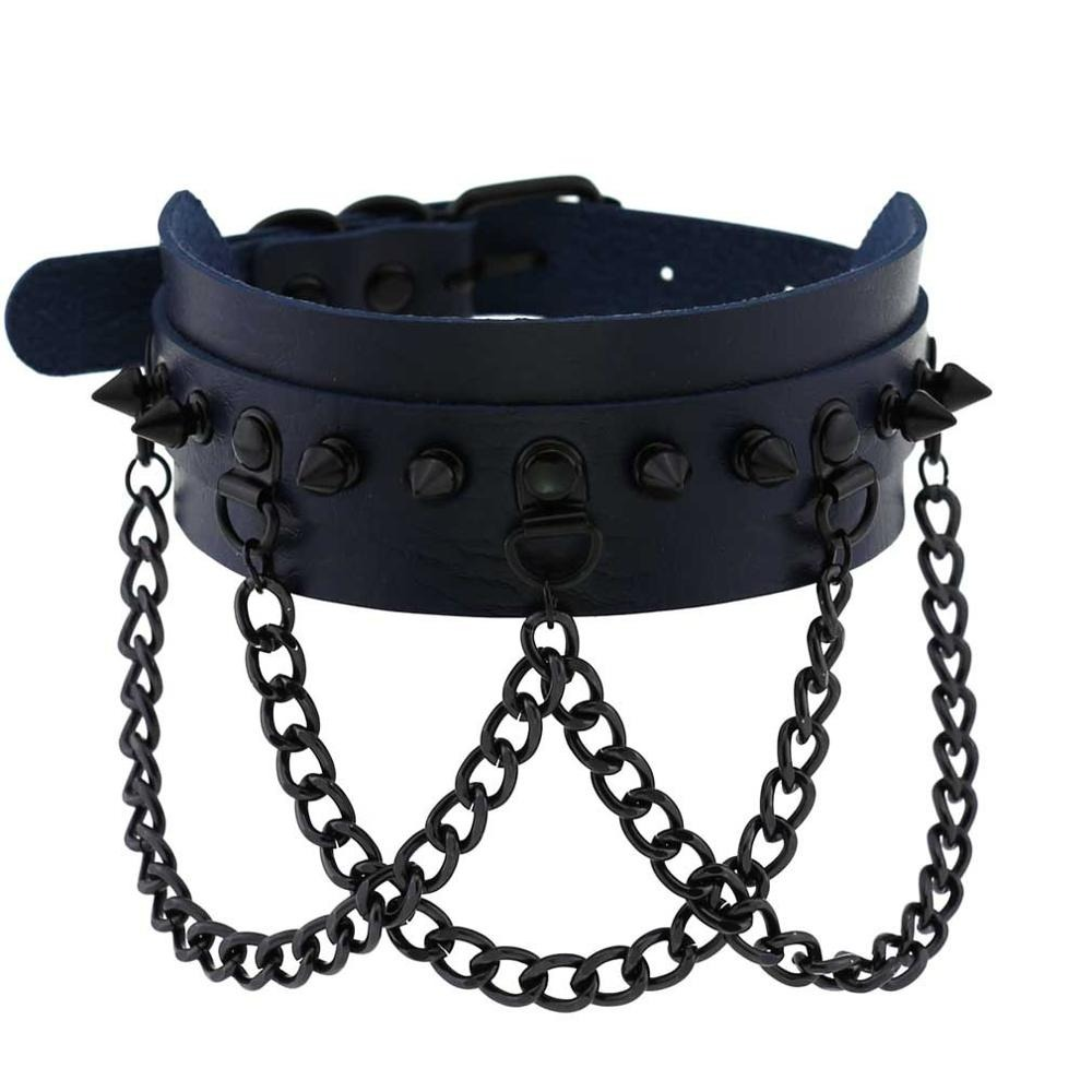 Black spike collar choker with chains, gothic vegan leather neckwear, perfect for rockstar fashion looks.