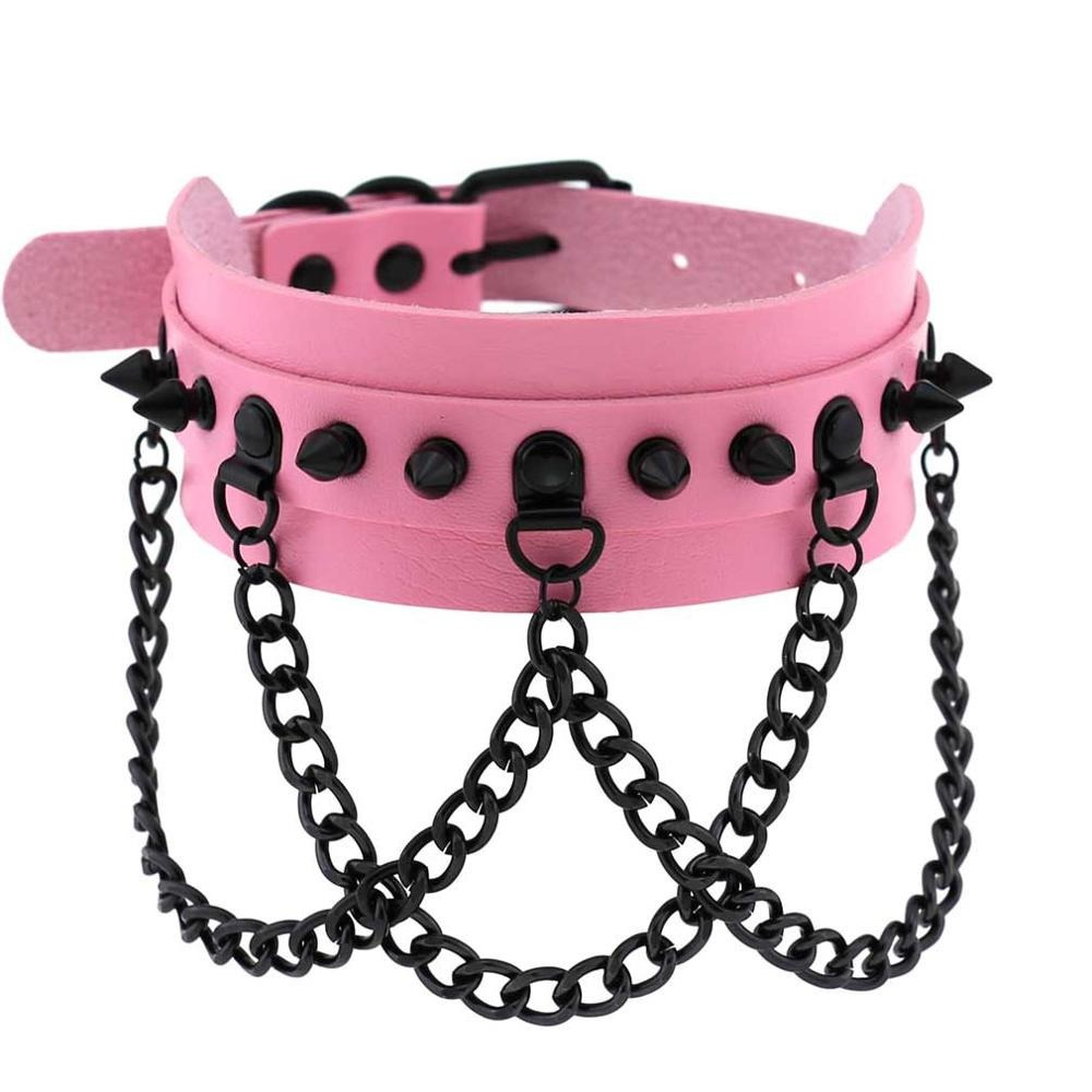 Stylish pink spike collar choker with black chains for a bold gothic vibe.