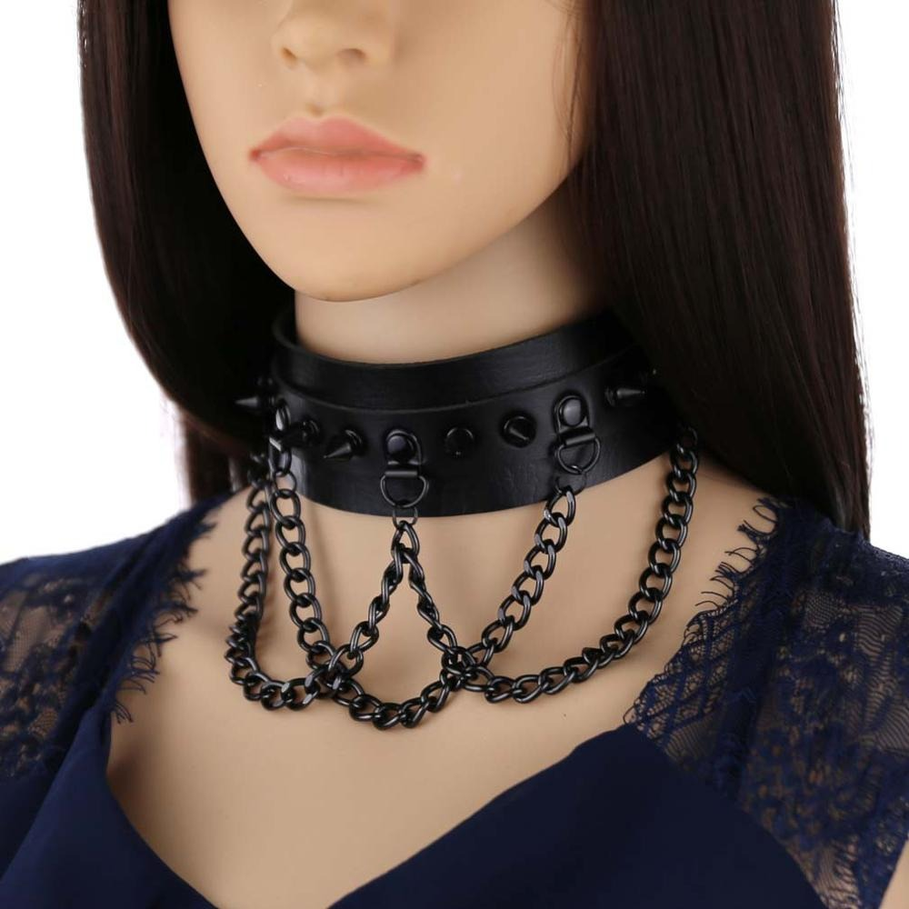 Gothic black spike collar choker with chains, perfect for bold fashion statements and parties.