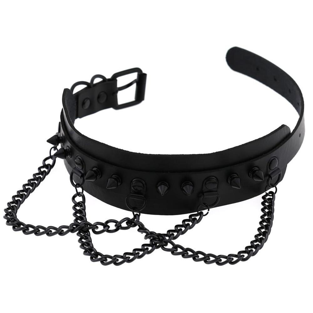 Black spike collar choker with chains, perfect for gothic style and rockstar fashion, made of vegan leather.
