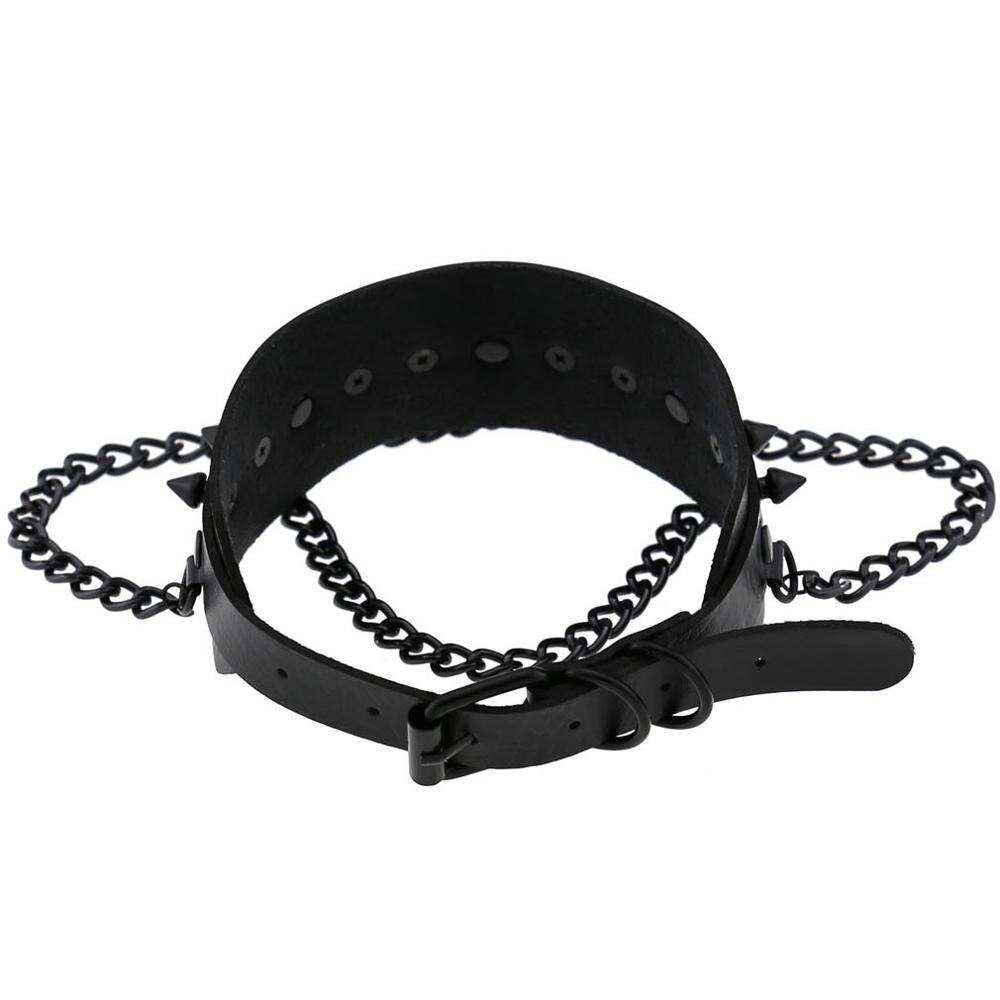Black spike collar choker with chain accents, perfect for gothic fashion and edgy style, vegan leather accessory.