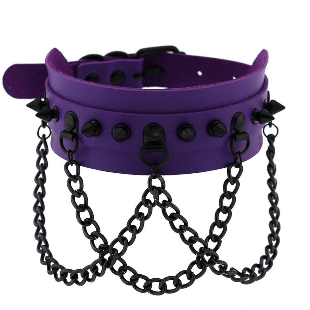Purple vegan leather choker with spikes and chain detailing, perfect for gothic and rockstar styles.