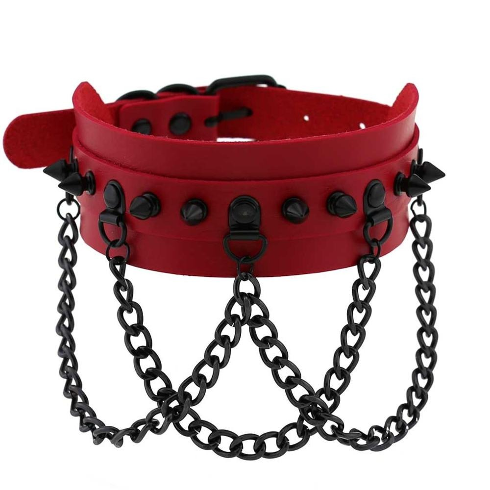 Bold red spike collar choker with chains, perfect for gothic style fashion and edgy accessories.
