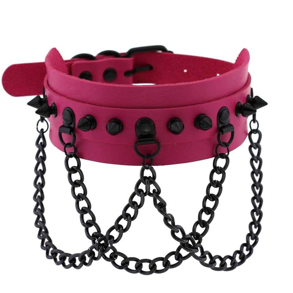 Pink spike collar choker with chains, gothic style vegan leather jewelry for bold fashion statements.