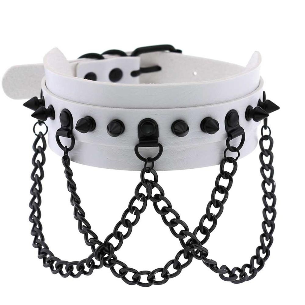 White spike collar choker with black chains for a gothic rockstar look in body jewelry.