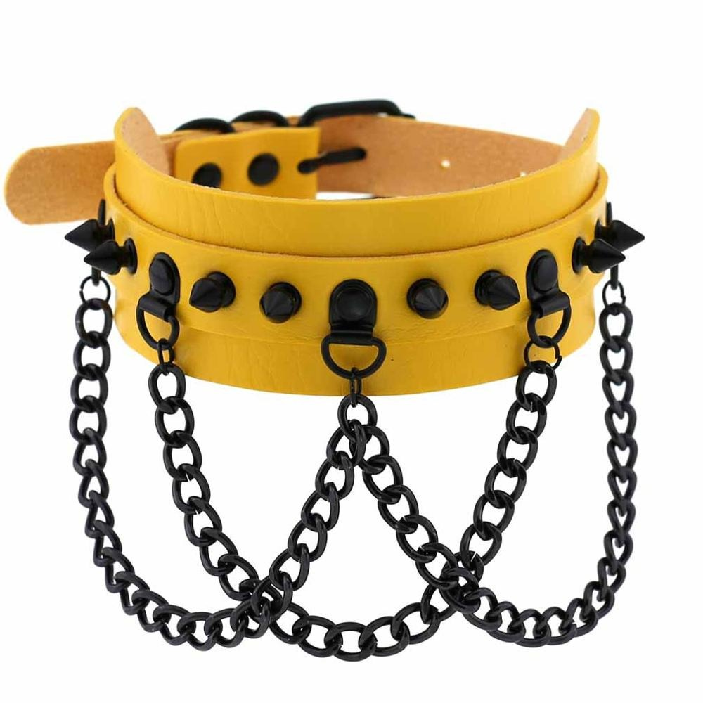 Stylish yellow spike collar choker with black chains; perfect for rockstar gothic fashion enthusiasts.