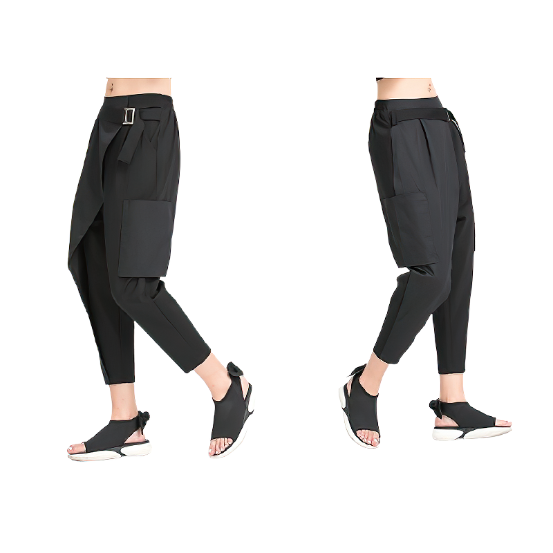 Stylish black spliced women's harem pants featuring pockets and a metal buckle for adjustable comfort.