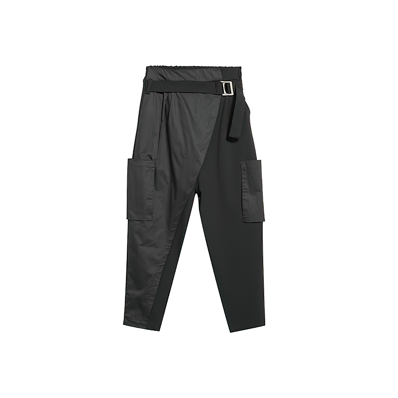 Trendy black spliced women's harem pants with pockets and metal buckle for alternative fashion.