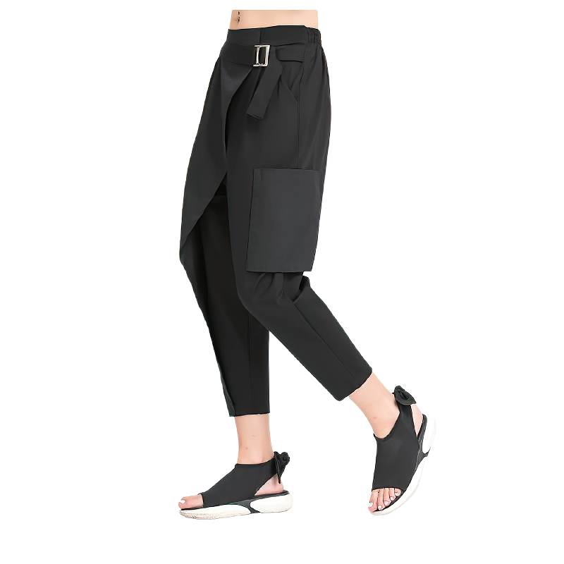 Black spliced women's harem pants with pockets and buckle, perfect for alternative fashion.