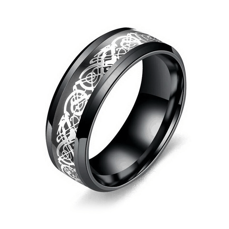 Black Stainless Steel Ring with Dragon Pattern / Men's and Women's Metal Jewelry in Gothic Style