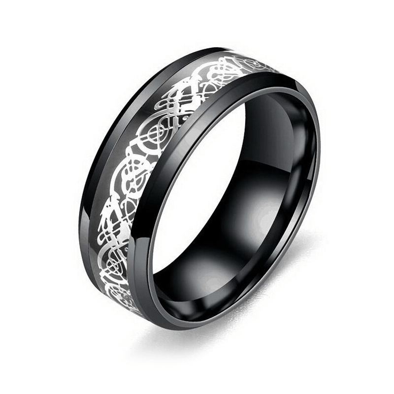 Unisex black stainless steel ring featuring a striking dragon pattern, perfect for gothic style jewelry.