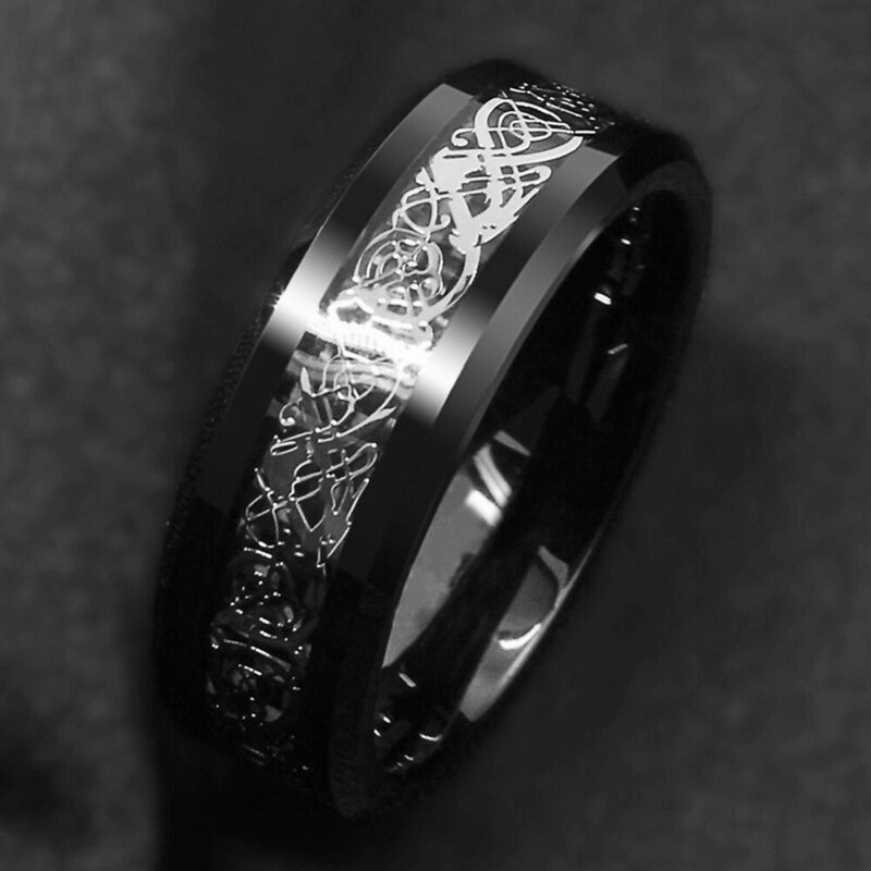Gothic style black stainless steel ring featuring intricate dragon pattern, perfect unisex jewelry accent.