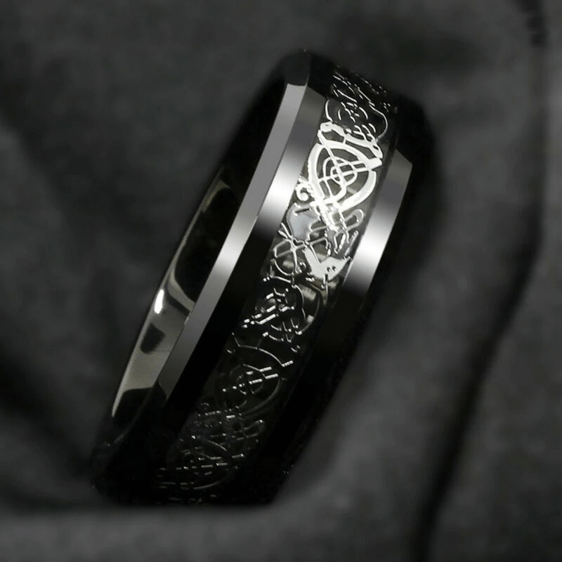 Unisex black stainless steel ring with intricate dragon pattern, perfect for gothic style jewelry lovers.