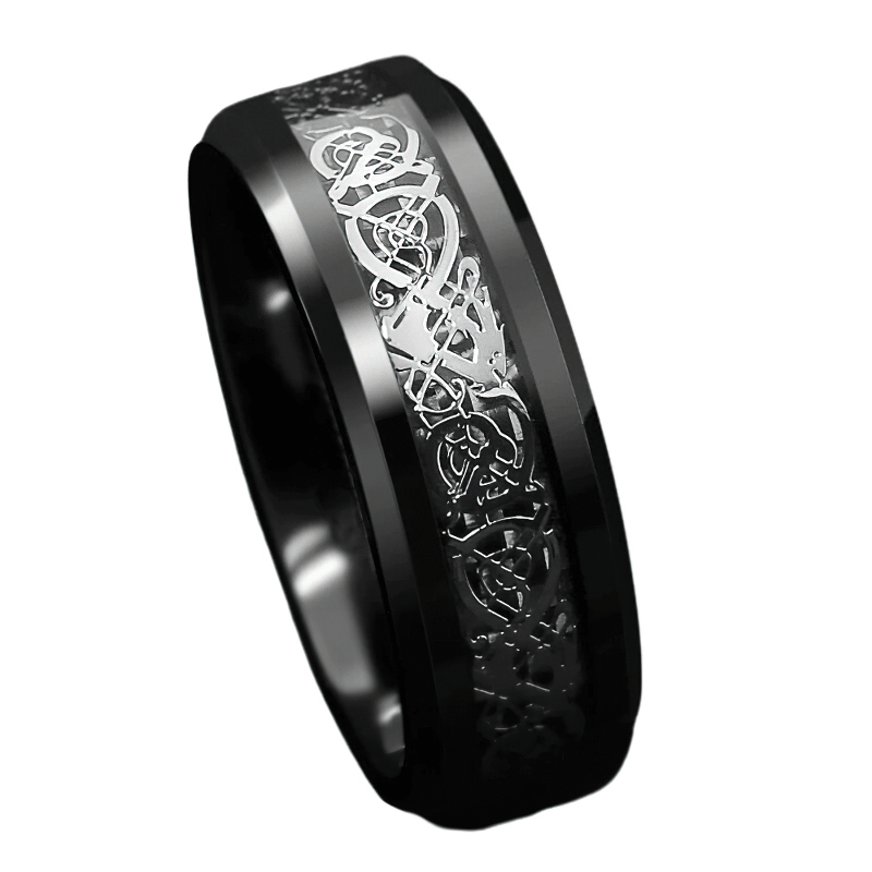 Black stainless steel ring with intricate dragon pattern, perfect for unisex gothic jewelry lovers.