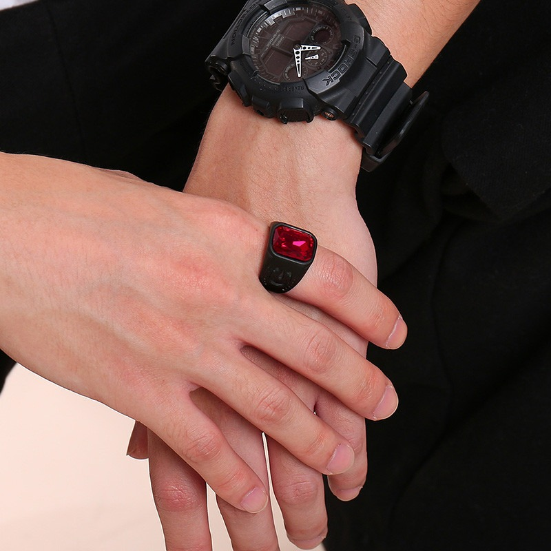 Black Stainless Steel Ring With Red Jewelry Glass / Cool Men's And Women's Finger Accessories - HARD'N'HEAVY
